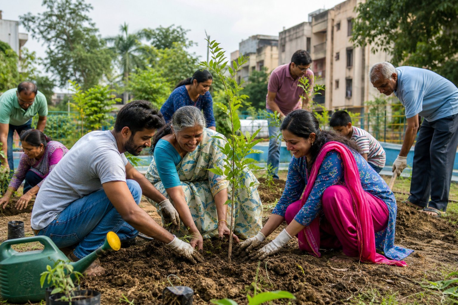 Indian community members working together on a neighborhood project