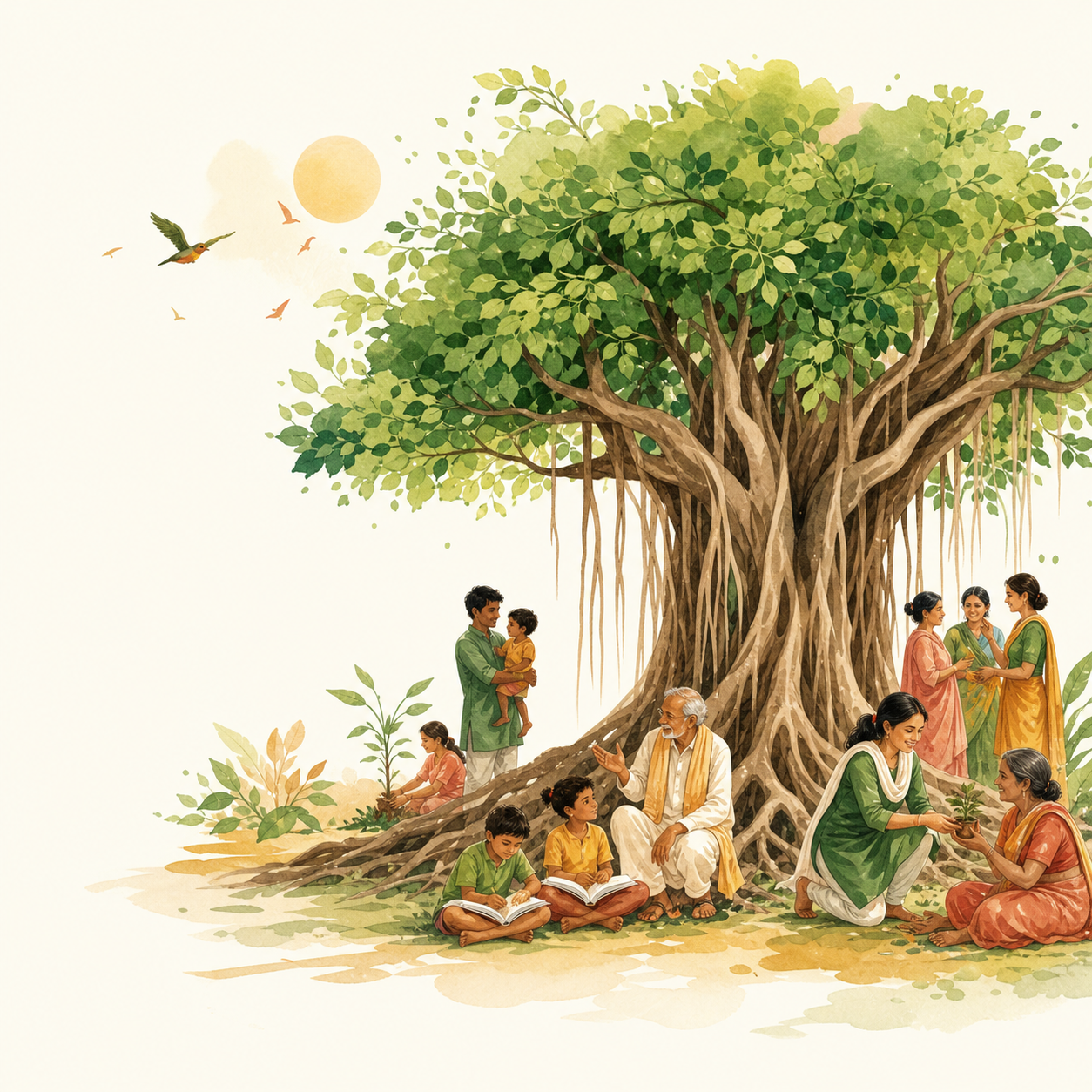 Community members gathered under a flourishing tree