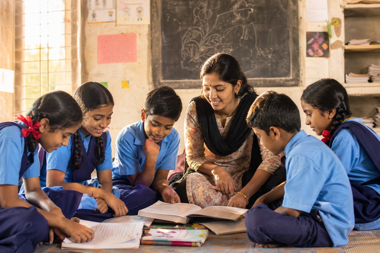 Indian students learning in a community classroom