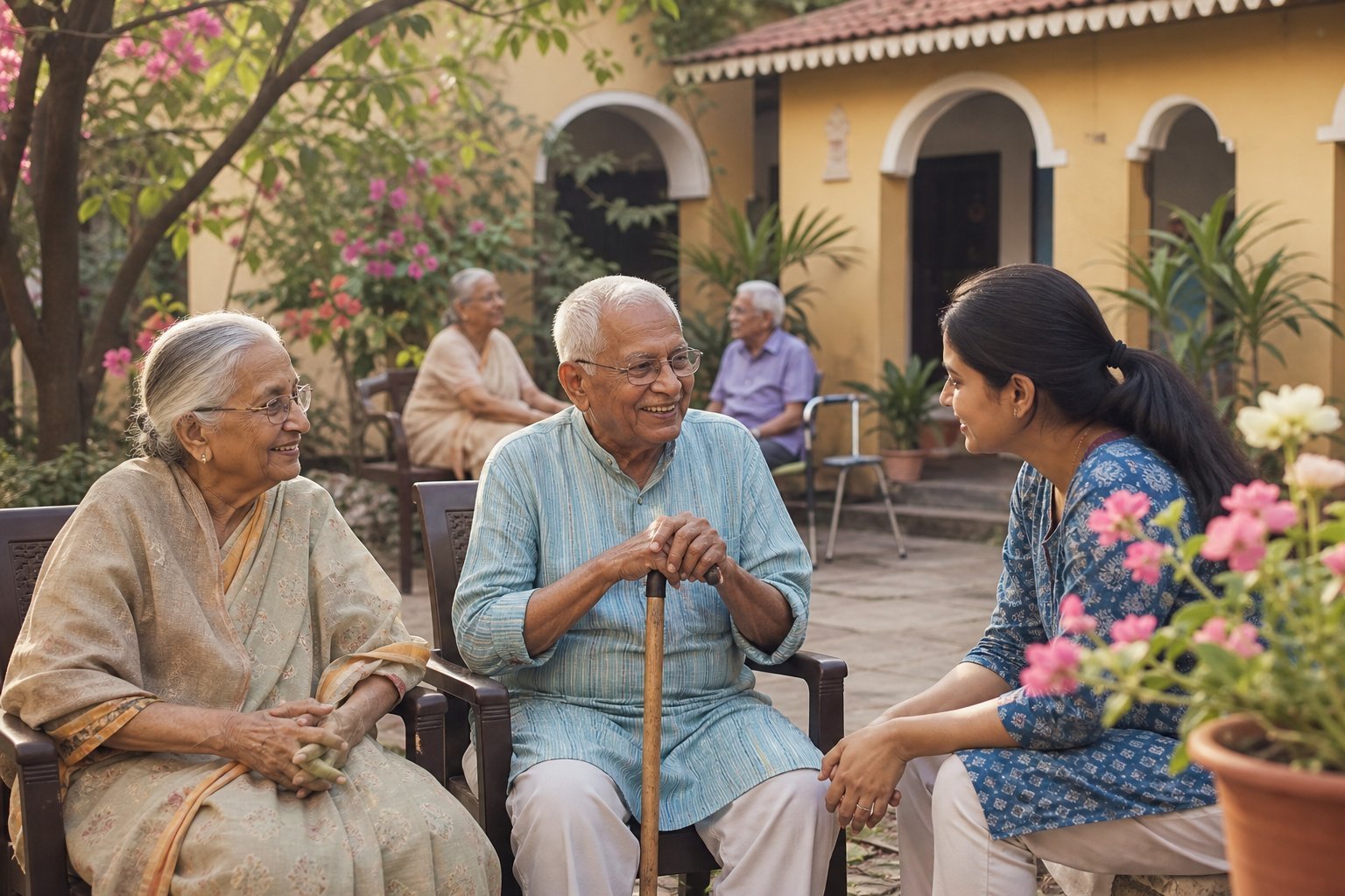 Indian senior citizens spending time with a caring volunteer