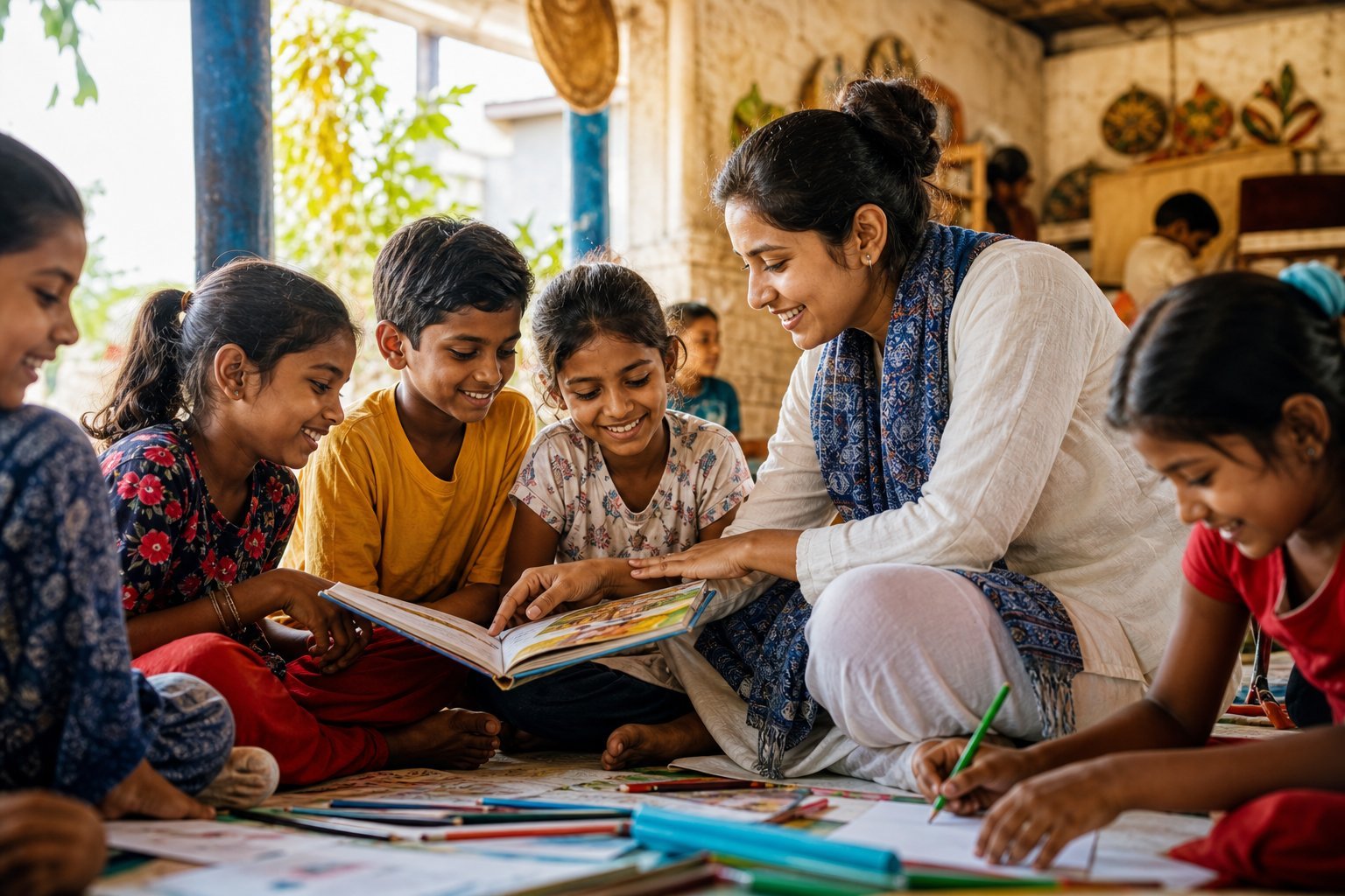Indian children learning with a community volunteer